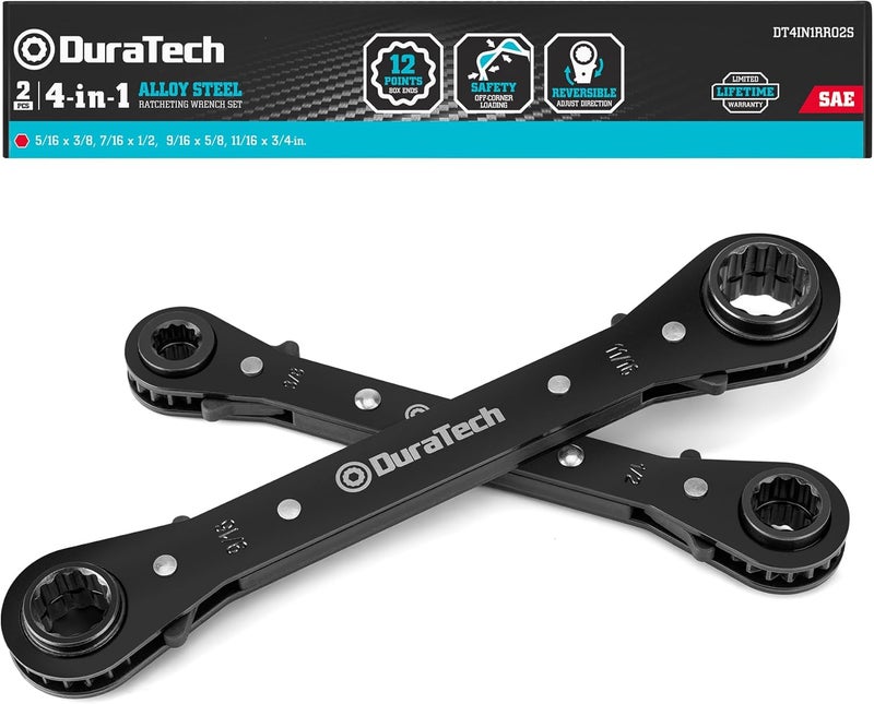DURATECH 4-in-1 Reversible Ratcheting Wrench Set, Double Box End Wrench Set, 2-Piece, 5/16", 3/8", 7/16", 1/2", 9/16", 5/8", 11/16", 3/4", SAE - Image 1